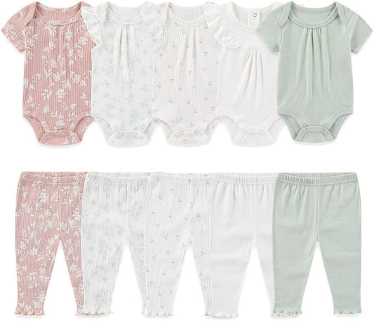 Kiddiezoom Newborn Baby Layette Set 10-Piece with Bodysuits and Pants Set for Unisex Baby Gift Sets