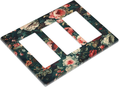 Light Switch Covers Baroque Vintage Peony Flower Floral 3 Gang Rocker Electrical GFCI Decorative Triple Outlet Wall Plate Cover Switchplate for Bedroom Farmhouse Decor