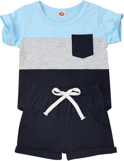 Baby Boy Clothes Toddler Boy Summer Outfits Short Sleeve Patchwork Top T-shirt & Pocket Pant Set 2 Piece 12 Months-4T