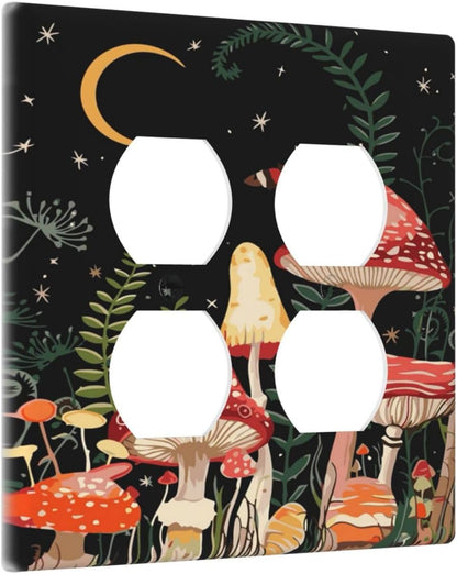 Moon Star Red Mushroom Forest Butterfly Green Plant Outlet Covers 2 Gang Double Duplex Decorative Light Switch Covers Electrical Wallplates Socket Faceplate for Kids Room Home Decor