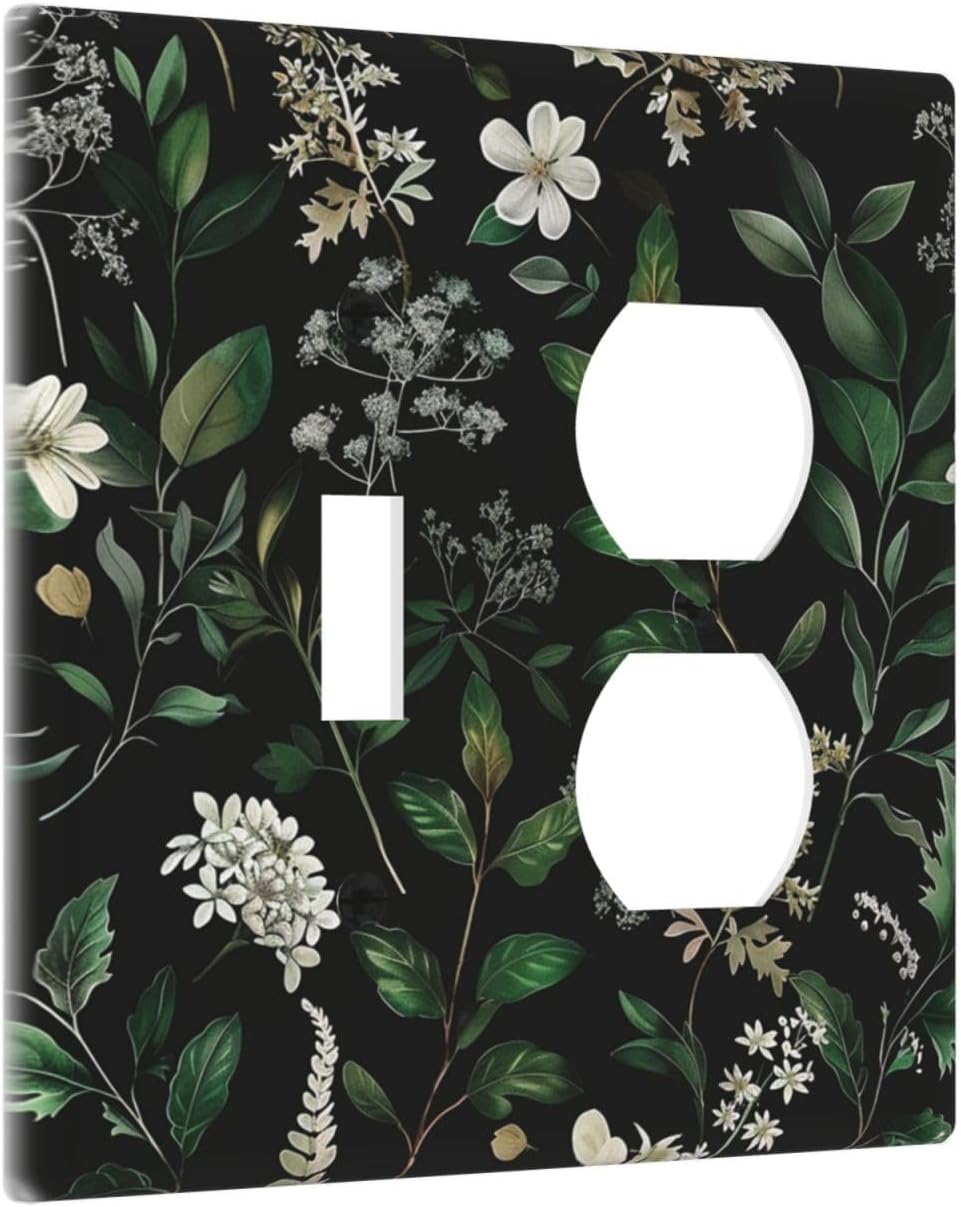 Decorative Outlet Covers Rustic Green Leaves White Flower 2 Gang Wall Plate Cover Single Toggle Duplex Combo Two Switch Light Switch Cover Plate Jumbo GFCI Faceplate for Home Decor
