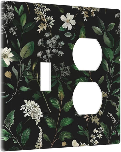 Decorative Outlet Covers Rustic Green Leaves White Flower 2 Gang Wall Plate Cover Single Toggle Duplex Combo Two Switch Light Switch Cover Plate Jumbo GFCI Faceplate for Home Decor