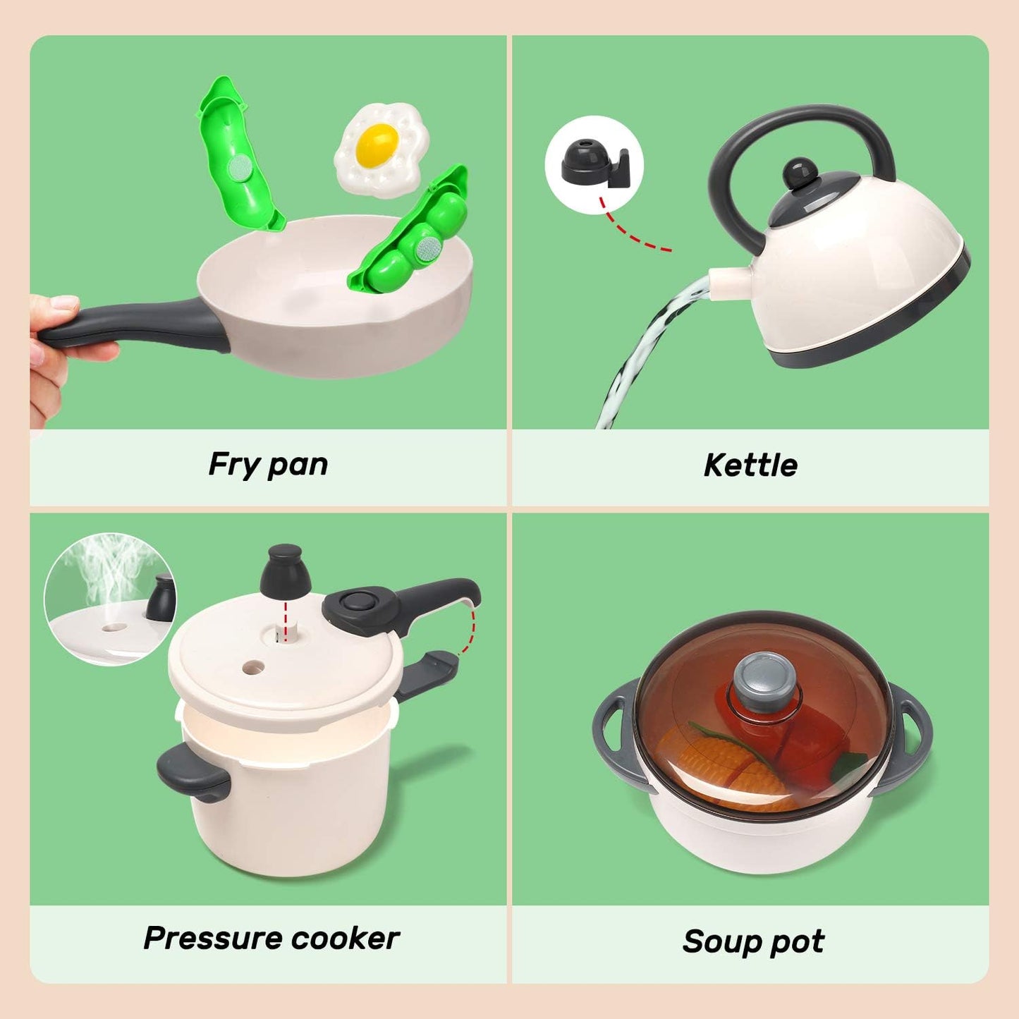 CUTE STONE Pretend Play Kitchen Toy with Cookware Steam Pressure Pot and Electronic Induction Cooktop, Cooking Utensils, Toy Cutlery, Cut Play Food, Shopping Basket Learning Toy for Girls Boys