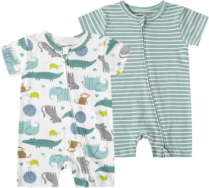 Teach Leanbh Unisex Baby 2 Pack Pajamas Cotton Short Sleeve 2 Way Zipper Printing Soild Romper Jumpsuit Sleep and Play