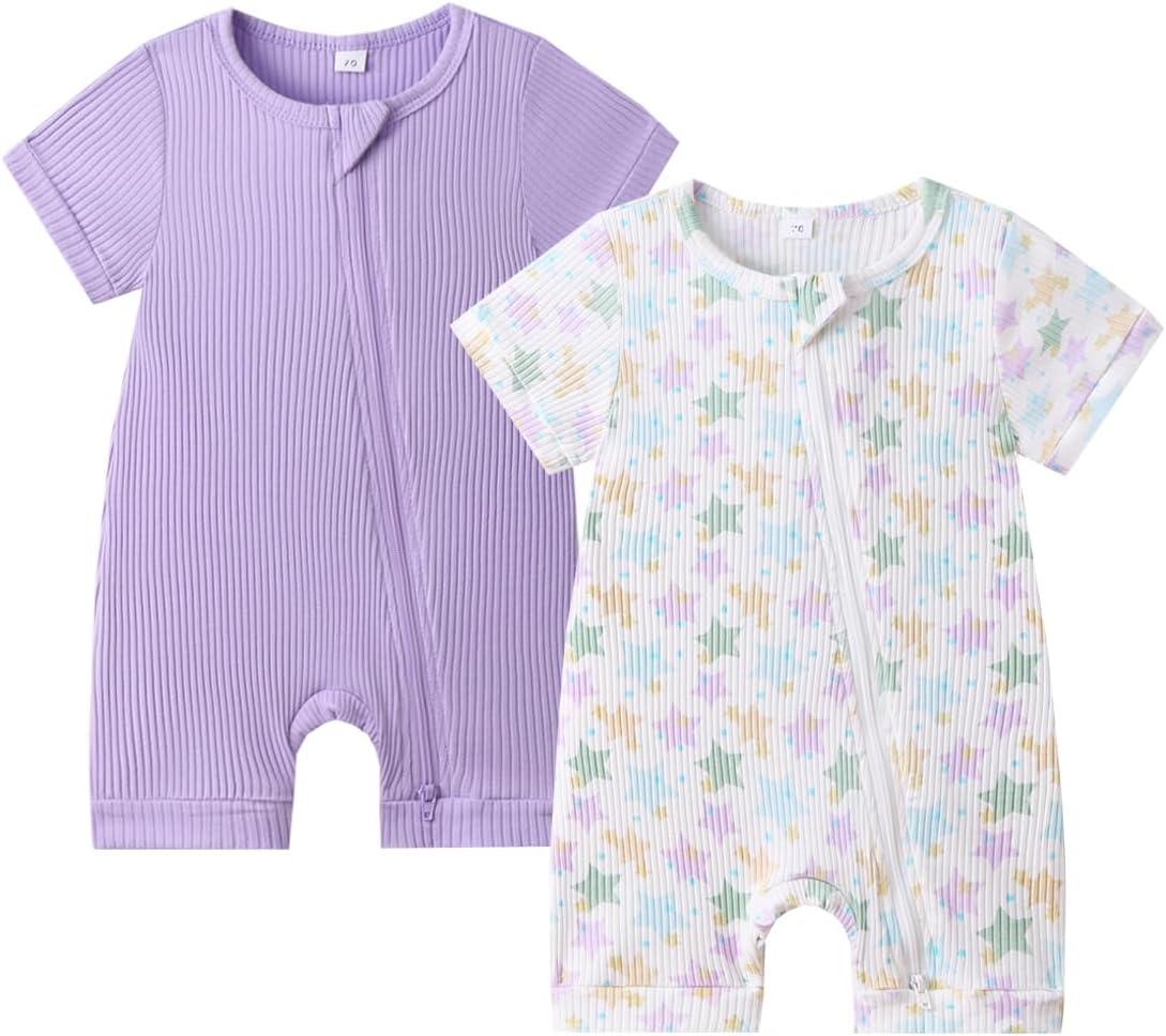 Bafeicao Unisex Baby Boy Girl 2 Pack Rompers Short Sleeve 2 Way Zipper One Piece Jumpsuits Clothes Sets