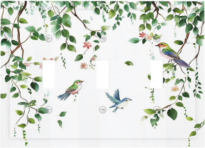 Decorative Switch Plates Green Leaves Bird Eucalyptus Sage Plant 3 Gang Wall Plate Triple Toggle Light Switch Cover Faceplate Electrical Wall Panels For Bed Room Living Room Decor