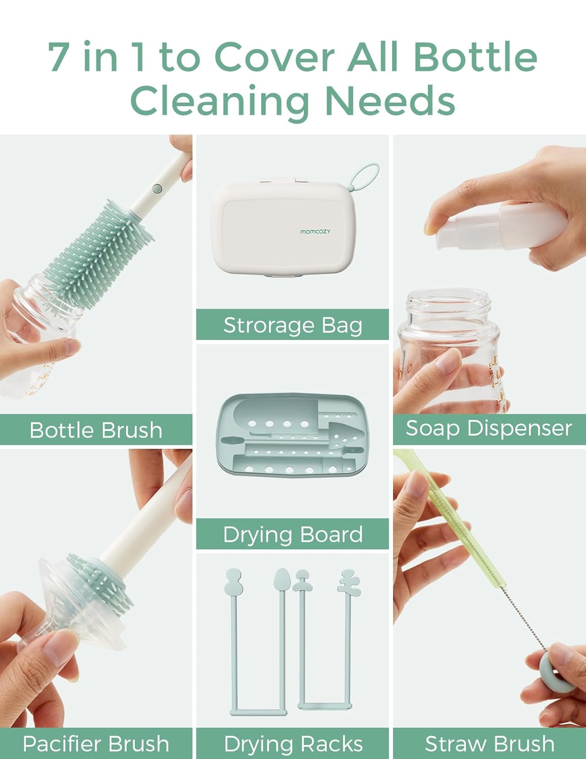 Momcozy Bottle Brush Set - Baby Bottle Cleaner Kit with Silicone Brush, Nipple Brush, Straw Brush