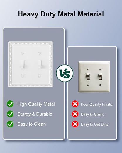 2-Pack Double Toggle Light Switch Cover Plate, Pearls Decorative Dual Switch Plate Covers, Pure White 2 Gang Metal Wall Plate, Corrosion Resistant