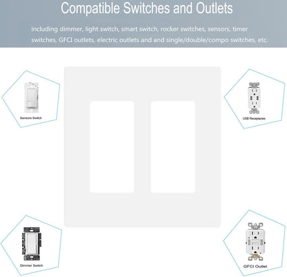 2-Gang Screwless Decora Wall Plate Cover Double Switch Outlet Electrical Faceplate for Light Switch, Smart Switch, Receptacle, Dimmers, USB Outlet, GFCI, Child Safe Cover Plate, White (4-Pack)
