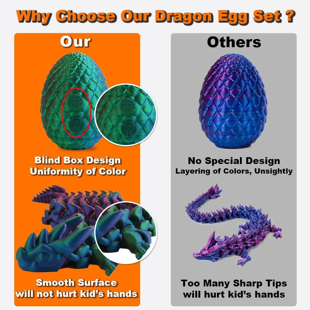 STONESTAR 3D Printed Dragon Fidget Toys, 12" Full Articulated Dragon in Mystery Egg, Home Office Decor Executive Desk Toys Xmas/Easter Gift for Dragon Lovers (Laser Purple/Green)