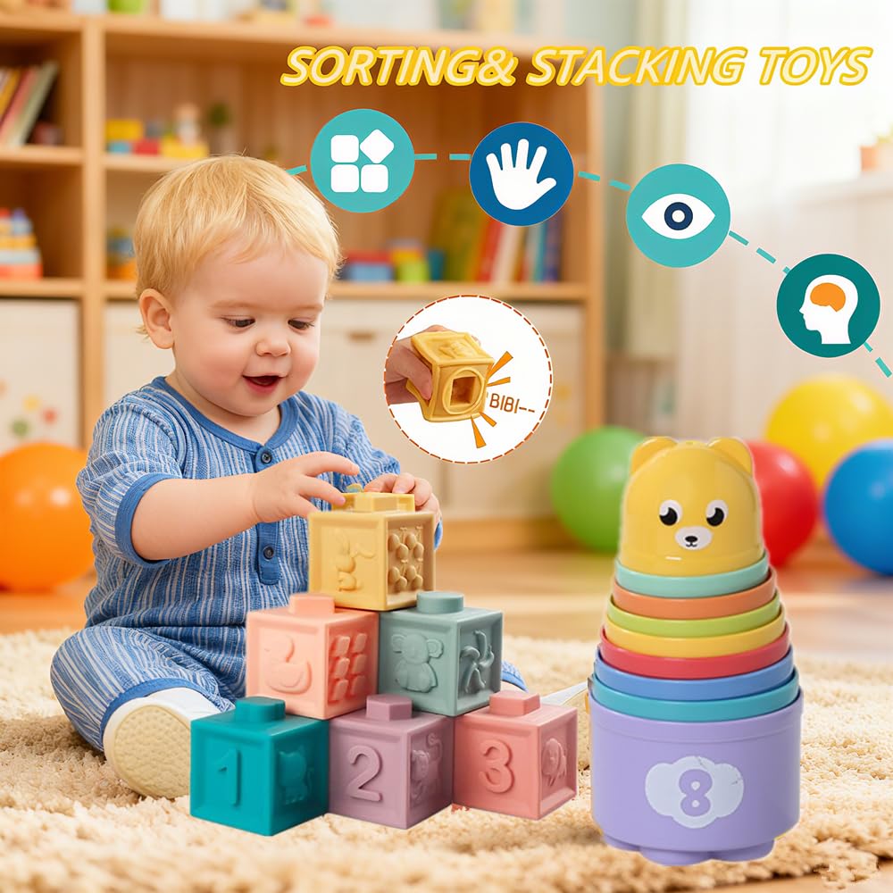 Etyat Baby Toys 6-12 Months, Montessori Toys for 1 Year Old, Silicone Pull String Teether Toy