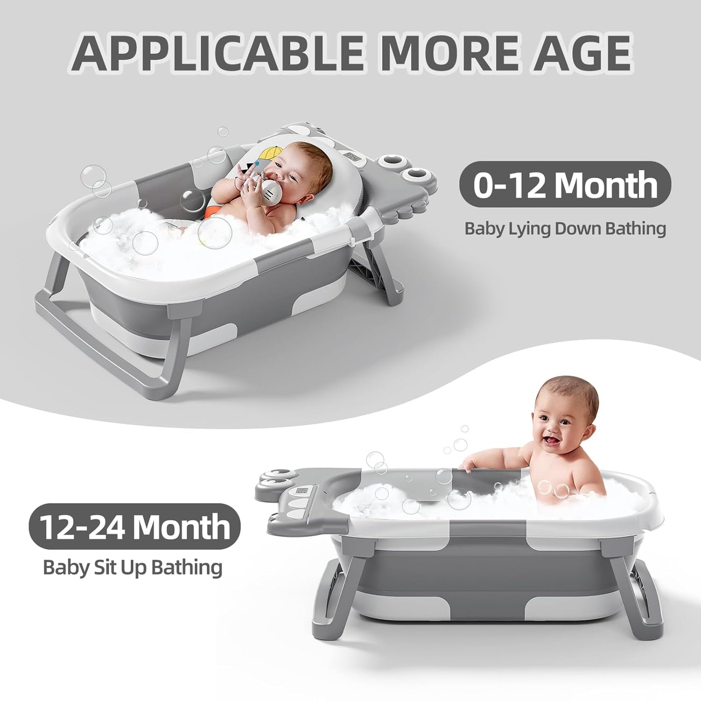 TPN Collapsible Baby Bathtub, Baby Bath Tub with Soft Cushion & Real-Time Thermometer, Baby Bathtub