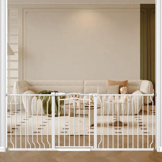 67.3-81.1" Extra Wide Baby Gate for Stairs No Drilling, 30" Tall Auto Close Press Mounted Dog Gates for Doorways, Adjustable Width Walk Through Long Gates for Kids or Pets, White