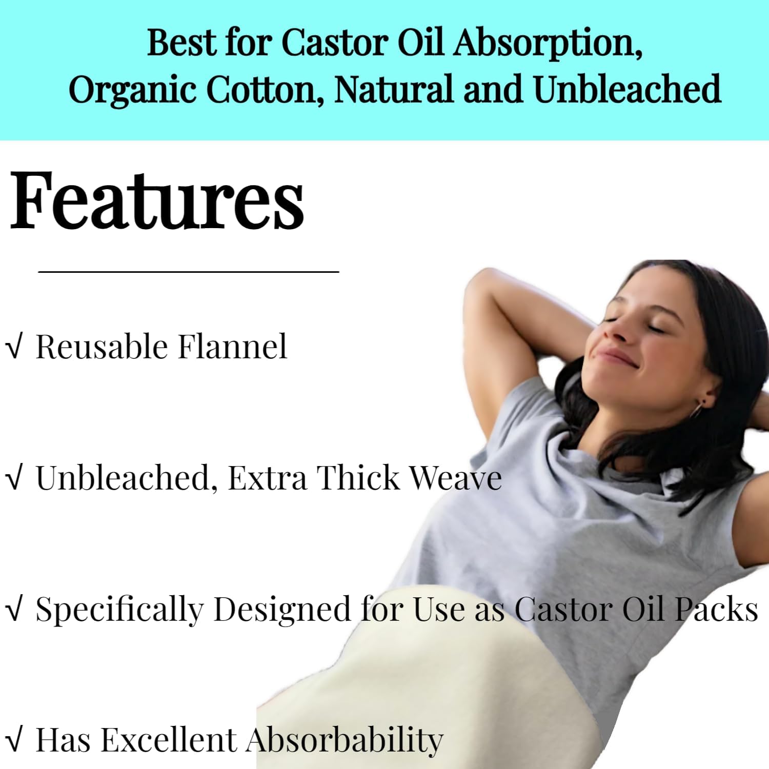 2 Pcs Organic Cotton Flannel for Castor Oil Pack Wrap, Reusable Castor Oil Compress for Liver