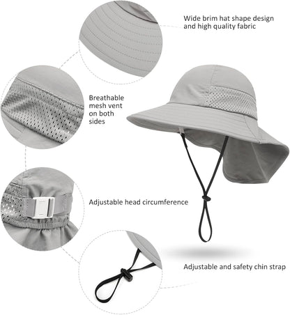 CHUNG Baby Sun Protection Hat Summer Toddler Adjustable UPF 50+ Wide Brim Neck Flap Beach Caps Boys Girls 1-12 Years Kids