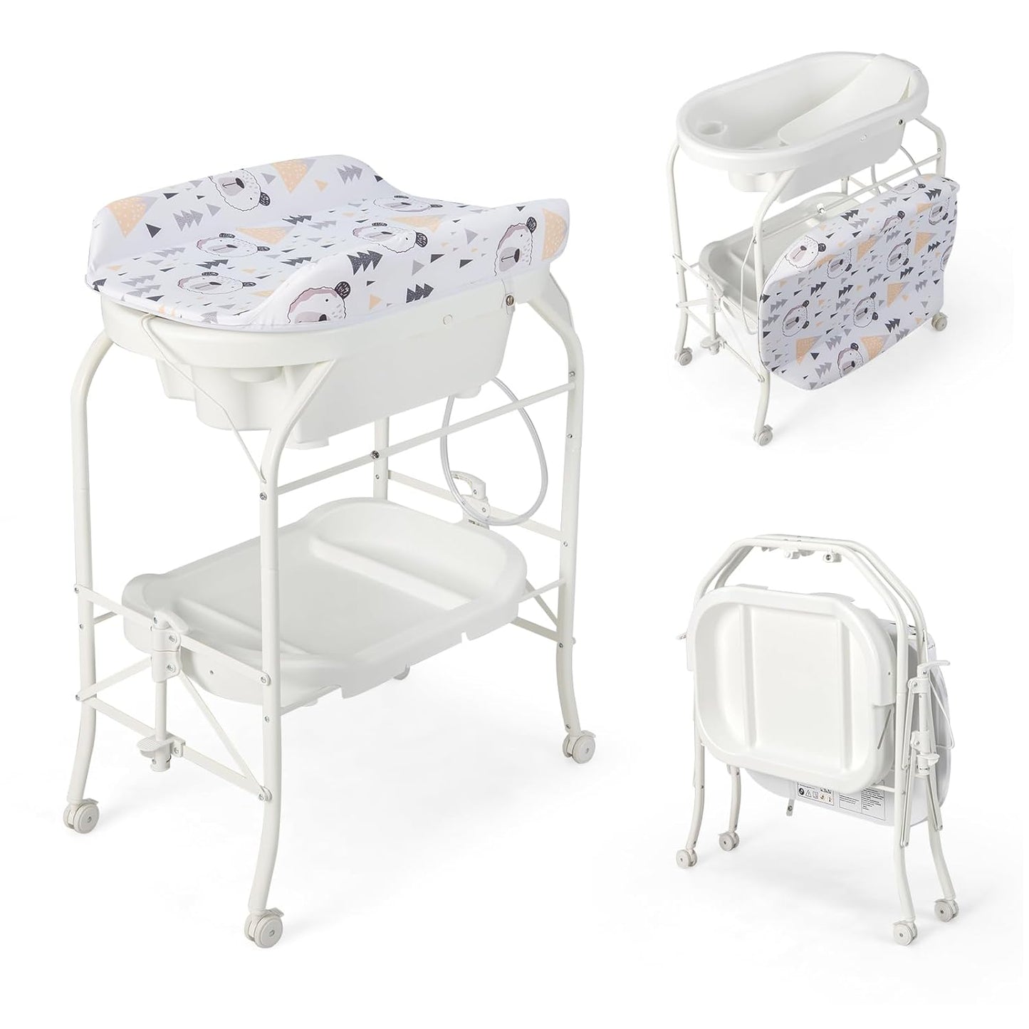 HONEY JOY Baby Changing Table with Bathtub, Foldable Infant Diaper Changing Station with Wheels