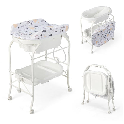 HONEY JOY Baby Changing Table with Bathtub, Foldable Infant Diaper Changing Station with Wheels