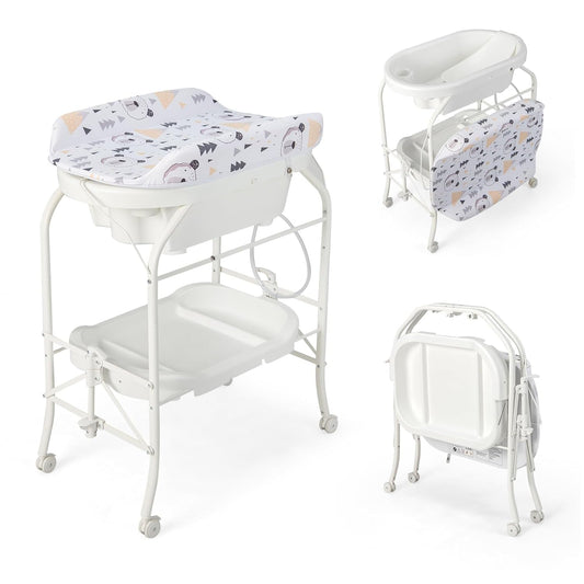 HONEY JOY Baby Changing Table with Bathtub, Foldable Infant Diaper Changing Station with Wheels