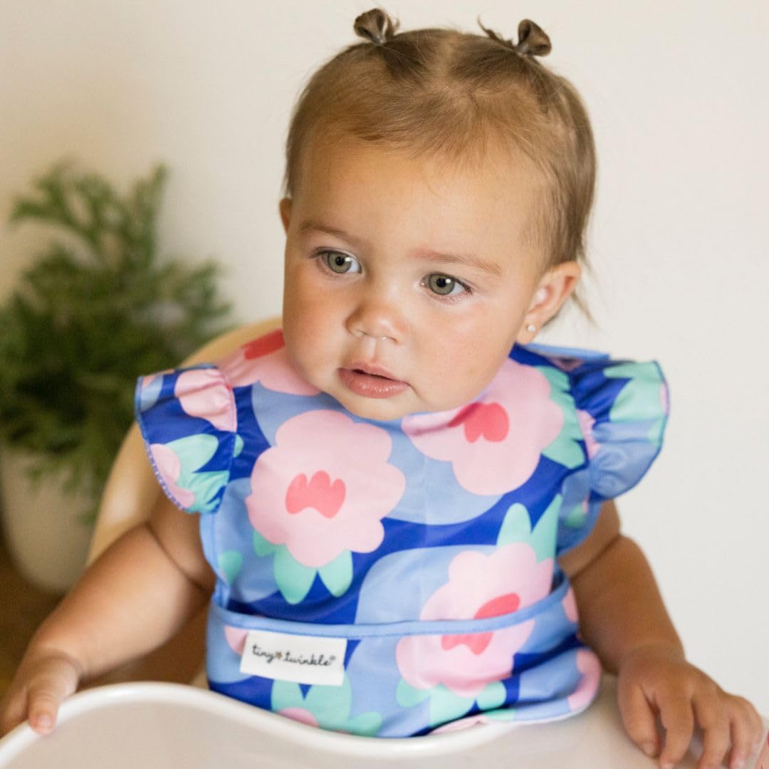 Tiny Twinkle Mess Proof Baby Bib - Waterproof & Lightweight Baby-Led Weaning Apron | 100% Recycled Polyester, Easy Clean & Machine Washable (Floral Blue, Small 6-24 Months)