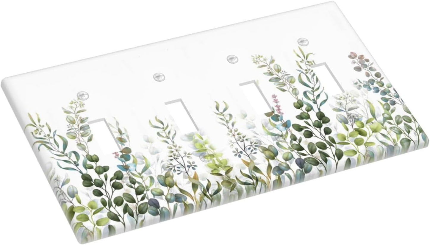 Green Eucalyptus Leaf Plant Herbs Springnature Light Switch Covers Quad Toggle Electrical Faceplate 4 Gang Wall Plate Decorative Switch Plates for Bed Room Living Room Decor