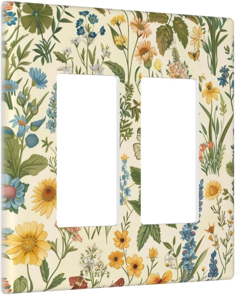 Decorative Outlet Covers Rustic Plant Garden Leaf Flower Butterfly 2 Gang Wall Plate Double Rocker Two Switch Wall Cover Plate Light Switch Cover Plate Faceplate for Bedroom Home Decor