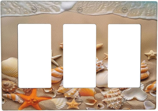 Decorative Outlet Covers Beachy Sea Ocean Seashell Starfish 3 Gang Wall Plate Triple Rocker Light Switch Cover Plate Jumbo Electrical GFCI Faceplate for Bathroom Bedroom Home Decor
