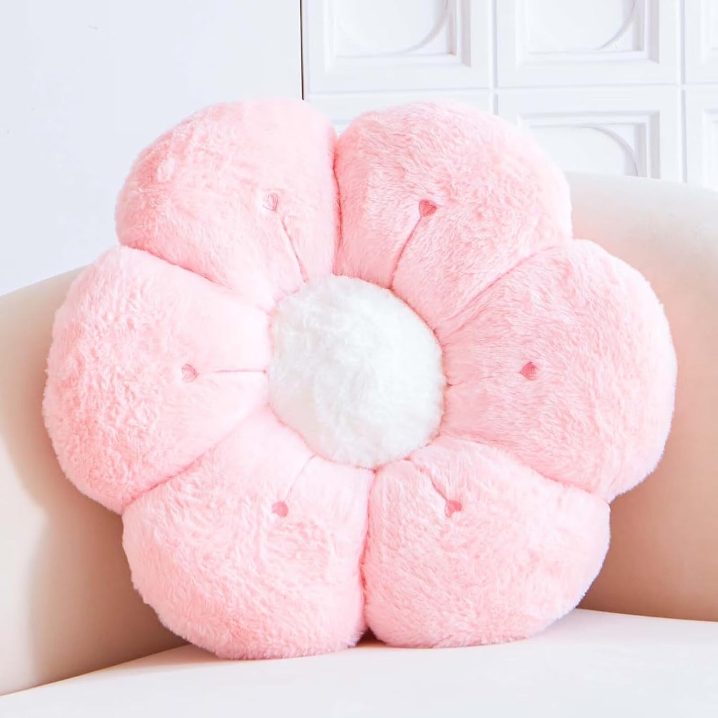 Flower Pillow, Cute Flower Shaped Decorative Pillow, Soft Rabbit Fur Daisy Pillow Home Decor Floor Seating Cushion for Bedroom Living Room (Pink 19.6 Inch)