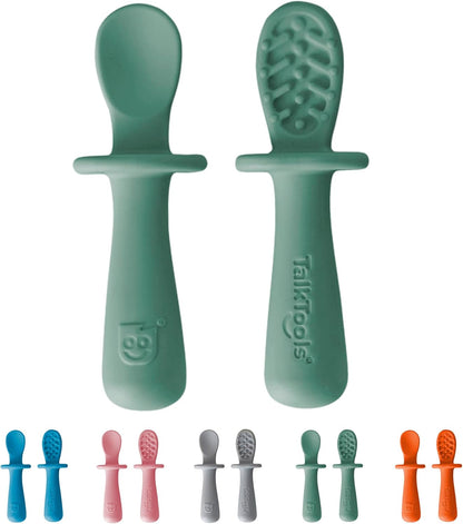 TalkTools ITSY Tiny Silicone Spoons – Twin Pack Soft Silicone Self-Feeding Training Spoons for Kids & Toddlers, Anti-Choking Flange Guard and Non-Slip Handle (Sage)