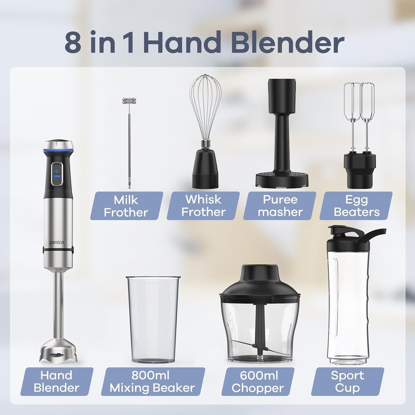 Ganiza 8 in 1 Immersion Blender - 1000W Heavy Duty Motor, 16 Speed Mode Handheld Blender With