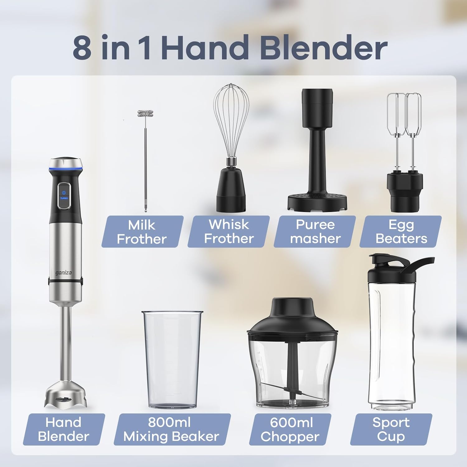 Ganiza 8 in 1 Immersion Blender - 1000W Heavy Duty Motor, 16 Speed Mode Handheld Blender With