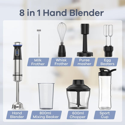 Ganiza 8 in 1 Immersion Blender - 1000W Heavy Duty Motor, 16 Speed Mode Handheld Blender With