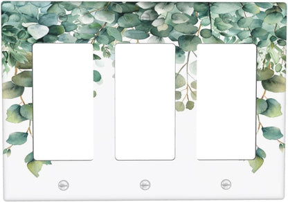 Decorative Outlet Covers Rustic Green Eucalyptus Leaves 3 Gang Wall Plate Triple Rocker Light Switch Cover Plate Jumbo Electrical GFCI Faceplate for Country Bedroom Home Decor