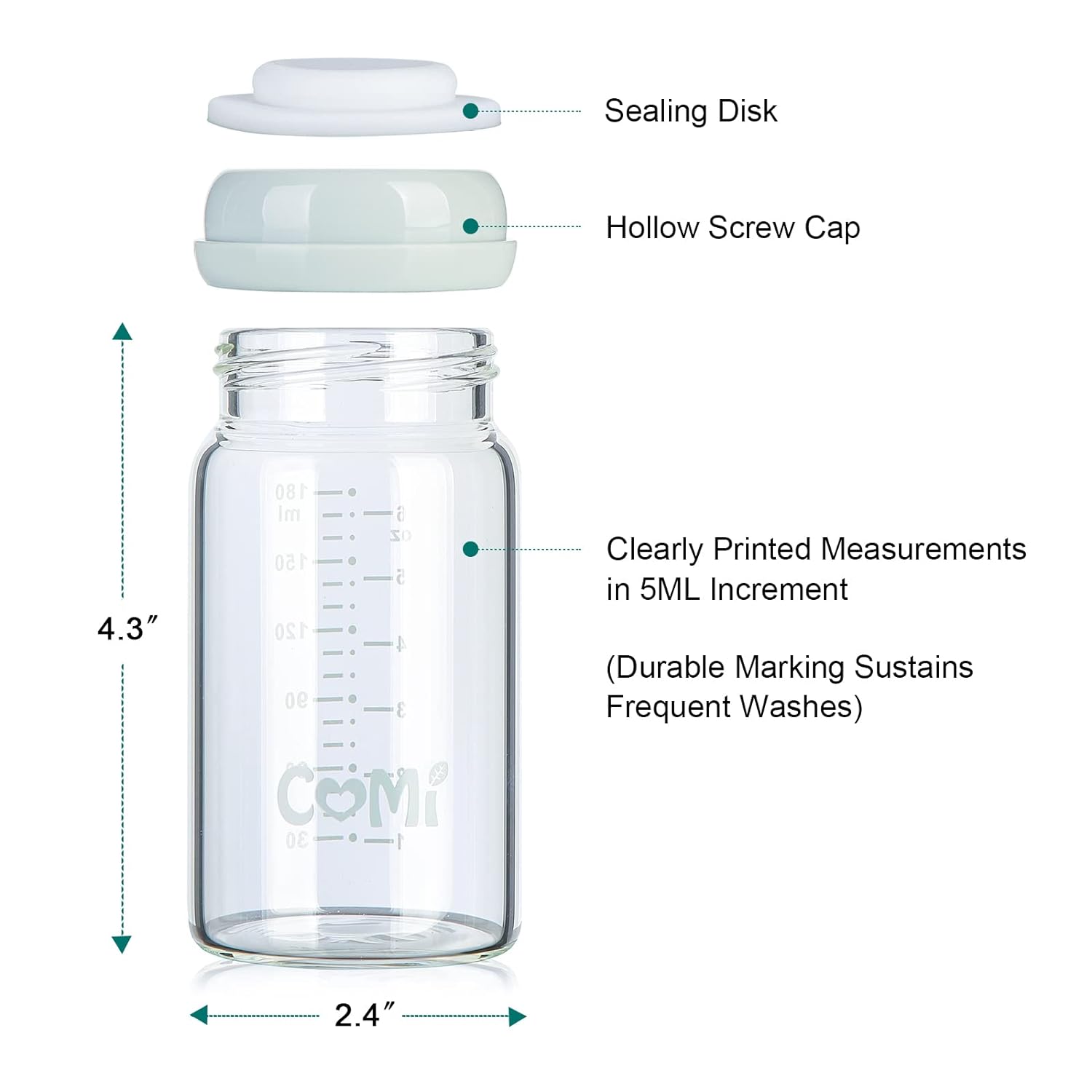 COMI Wide Neck Glass Breastmilk Collection n Storage Bottle, 4 Packs, 6oz with Screw Ring Sealing