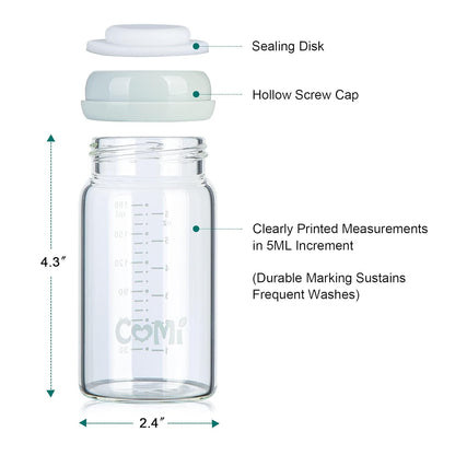 COMI Wide Neck Glass Breastmilk Collection n Storage Bottle, 4 Packs, 6oz with Screw Ring Sealing
