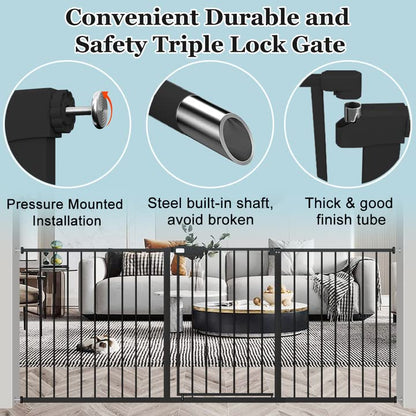 WAOWAO Triple Lock Baby Gate Extra Wide 72.04-76.77" Pressure Mounted Walk Through Swing Auto Close Safety Black Metal Dog Pet Puppy Cat for Stairs,Doorways,Kitchen