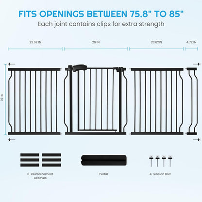 Extra Wide Baby Gate for Stairs Doorways with Door, 30" Tall 75.8-85" Wide Easy Install Dog Gate Indoor, Safety Metal Pressure Mounted Pet Gate with Walk-Thru Auto Close for The House, Black