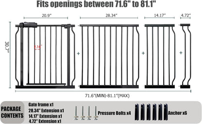 Heavy Duty Baby & Pet Safety Gate - Extra Wide 76.4-81.1 Inch, Black Metal, Pressure Mounted, Walk-Through