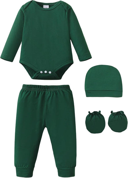 NZRVAWS Newborn Baby Boy Girl Clothes Unisex Infant Romper Pants Set Hat 4-Pack Outfits 0-12 Months 16 Pieces Toddler