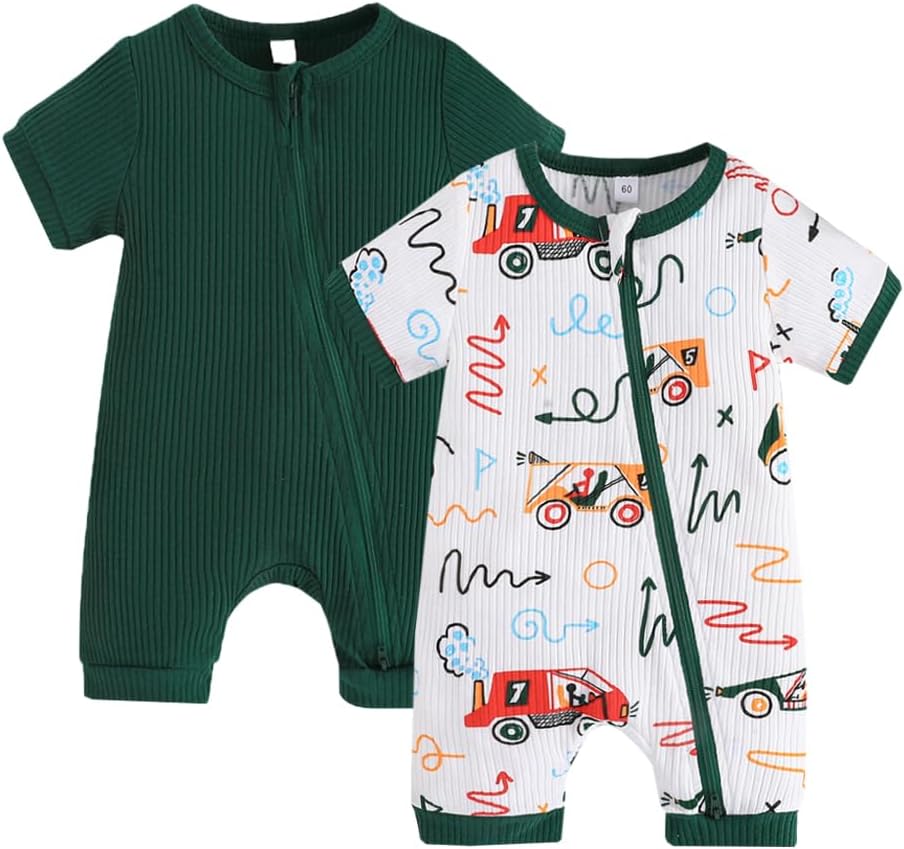 Bafeicao Unisex Baby Boy Girl 2 Pack Rompers Short Sleeve 2 Way Zipper One Piece Jumpsuits Clothes Sets