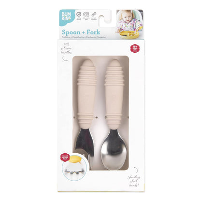 Bumkins Toddler Utensils, Kids Size Fork and Spoon Set, Silicone and Stainless-Steel Training Silverware, Angled Forks/Sporks for Self-Feeding, Children Hold Learning to Eat, 18 Mos Up, Sand Beige