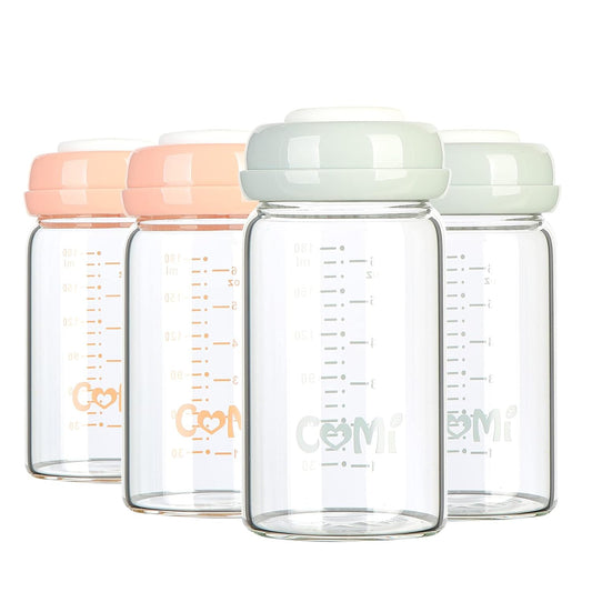 COMI Wide Neck Glass Breastmilk Collection n Storage Bottle, 4 Packs, 6oz with Screw Ring Sealing