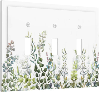 Green Eucalyptus Leaf Plant Herbs Springnature Decorative Switch Plates 3 Gang Wall Plate Triple Toggle Light Switch Cover Faceplate Electrical Wall Panels for Bed Room Living Room Decor