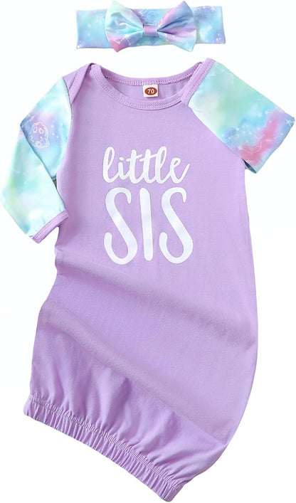 AMAWMW Newborn Baby Girl Little Sister Sleeper Gown Stripe Long Sleeve Nightgown Pajamas Gifts Stuff Essential Outfit