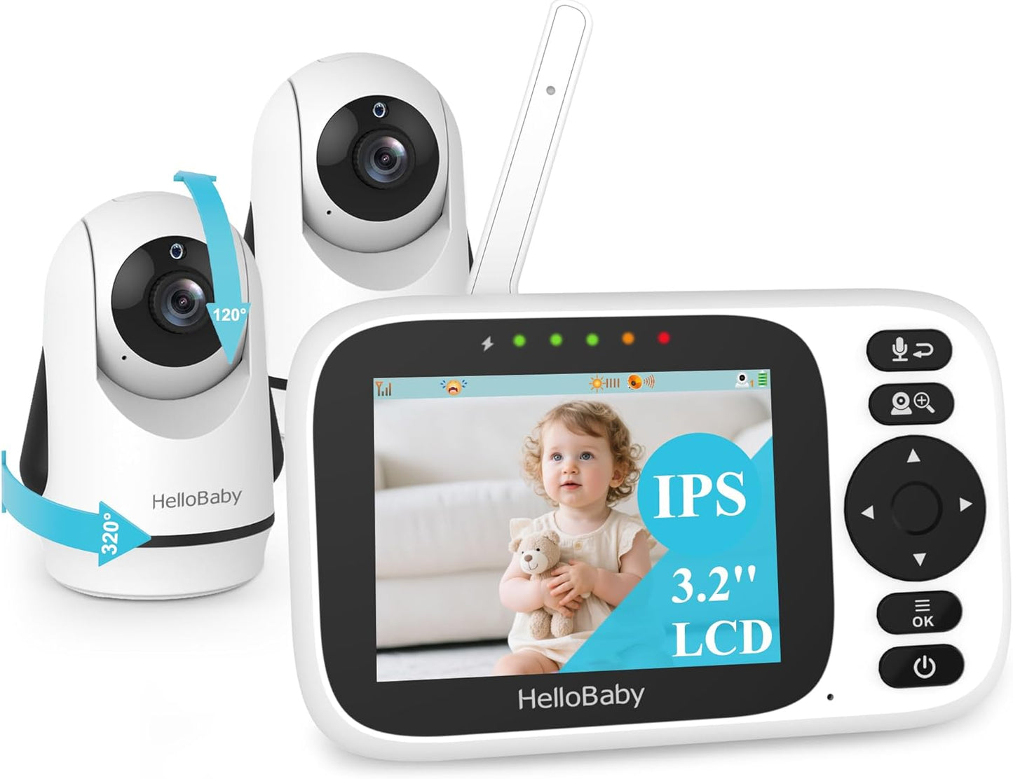 HelloBaby 3.2'' Baby Monitor2 Cameras, Video Audio Baby Monitor No WiFi, Remote Pan-Tilt-Zoom,AUTO Night Vision, ECO, 2-Way Talk,8 Lullabies and 1000ft Range, Temperature, Gifts for Parents and Babies