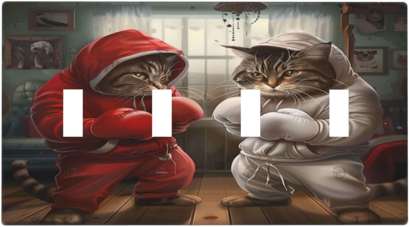 Decorative Switch Covers Plate Funny Red Boxing Cats White Tomcat 4 Gang Artistic Wall Plate Unique Quad Toggle Light Switch Plate Jumbo Faceplate for Bedroom Home Decor