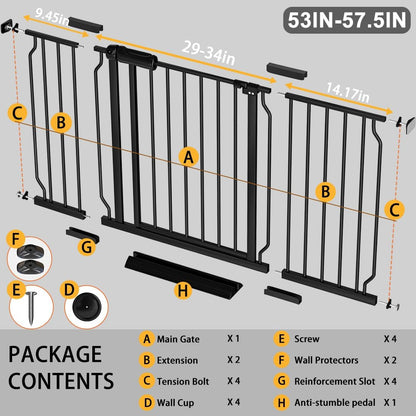 Fairy Baby Extra Wide Baby Gate Black 53-57.5 Inch Wide, Walk Through Pressure Mounted No Drill, Long and Large Tension Gate for Pet and Kids