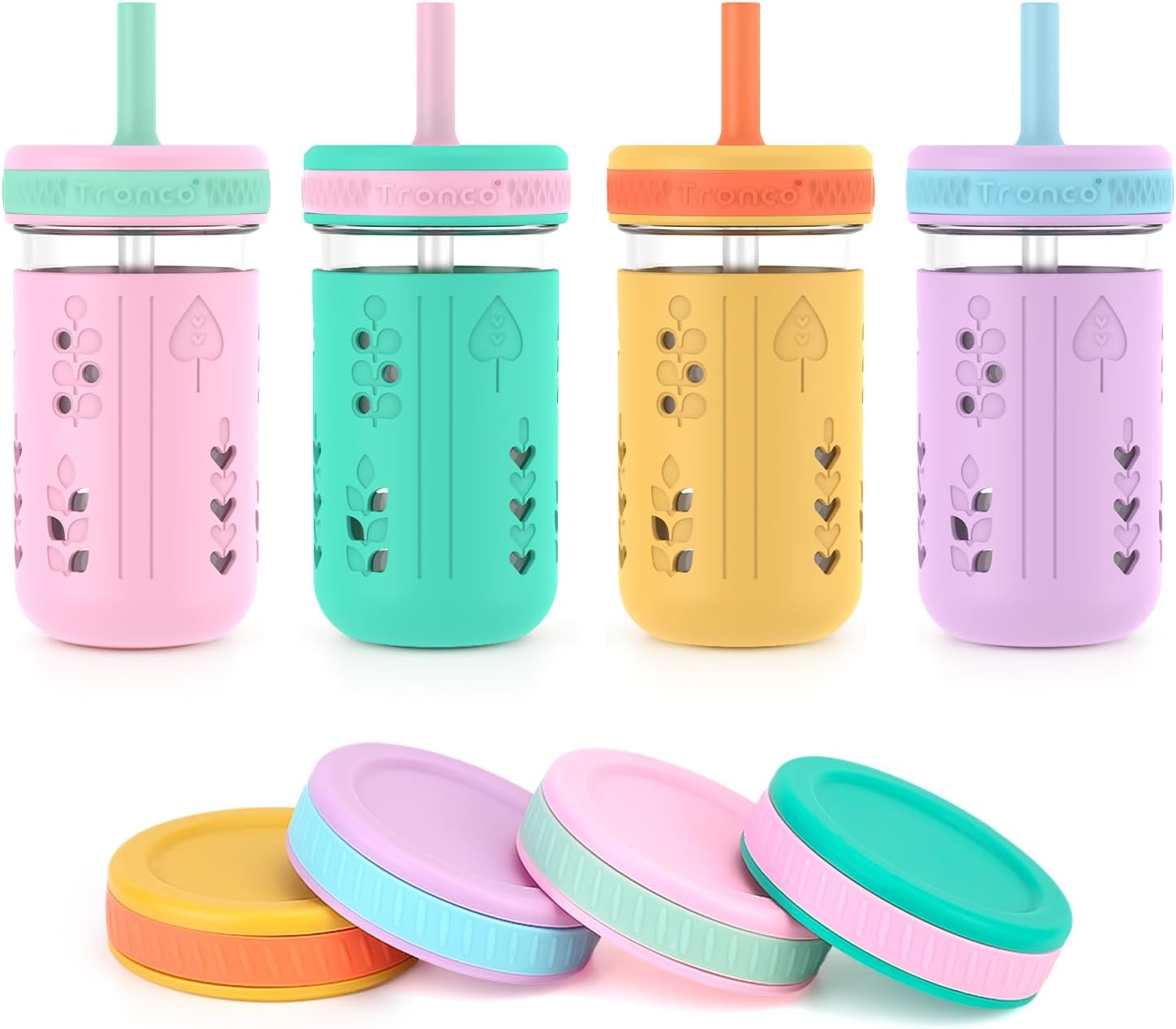 Tronco 12 oz Glass Sippy Cup for Kids & Toddlers | Mason Jar Smoothie Cups with Spill-Proof
