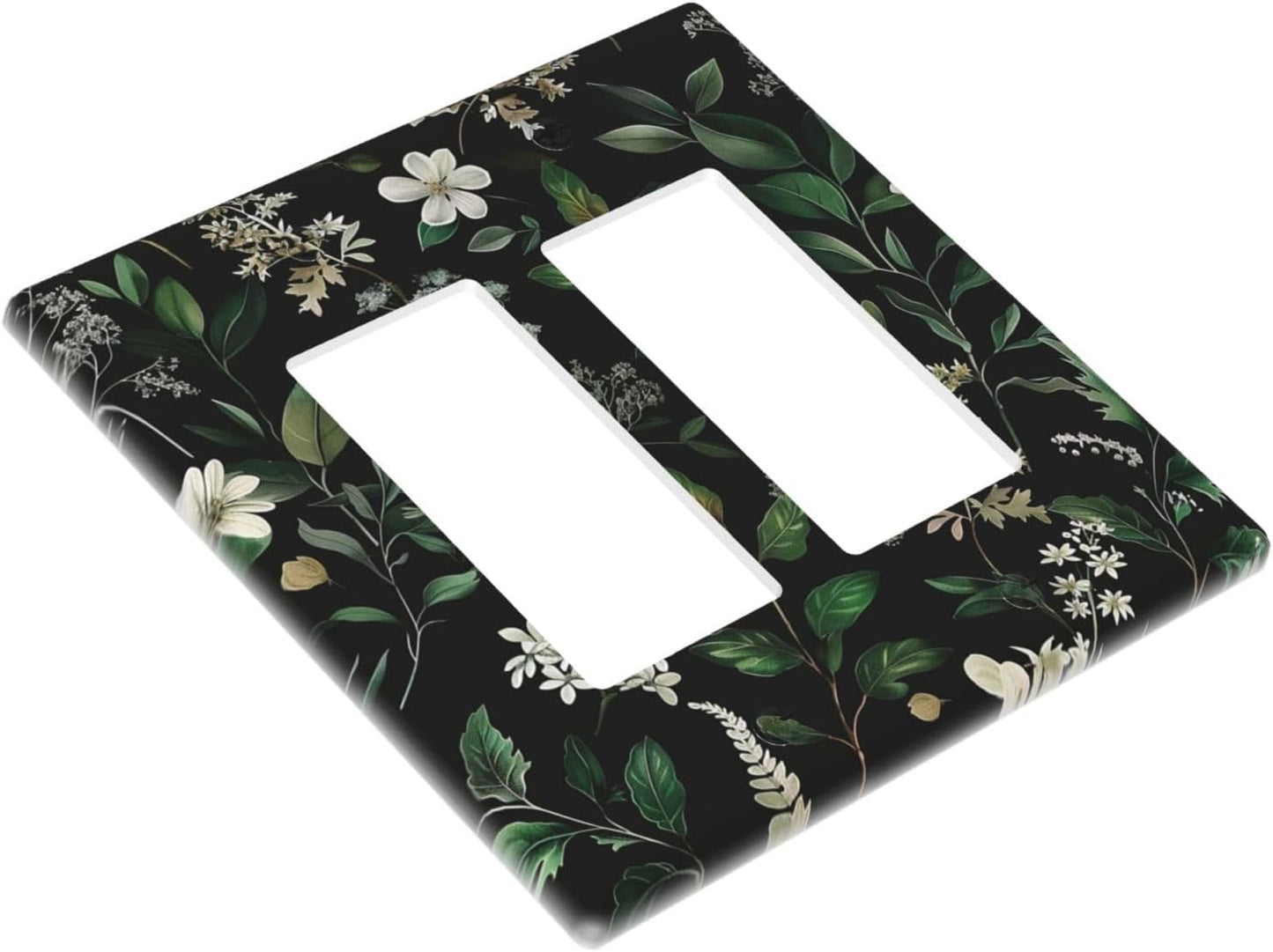 Decorative Outlet Covers Rustic Green Leaves White Flower 2 Gang Wall Plate Double Rocker Two Switch Wall Cover Plate Light Switch Cover Plate Faceplate for Country Bedroom Home Decor