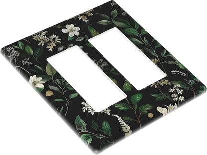 Decorative Outlet Covers Rustic Green Leaves White Flower 2 Gang Wall Plate Double Rocker Two Switch Wall Cover Plate Light Switch Cover Plate Faceplate for Country Bedroom Home Decor