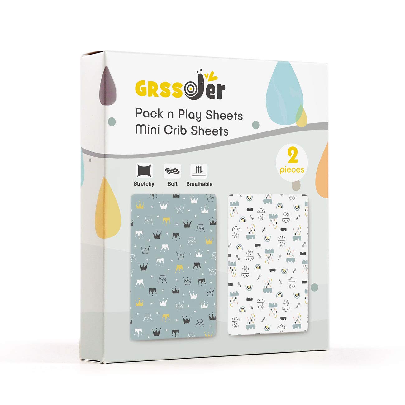 GRSSDER Stretchy Ultra Soft Jersey Knit Fitted Pack n Play Playard Sheets Set 2 Pack，Portable/Mini